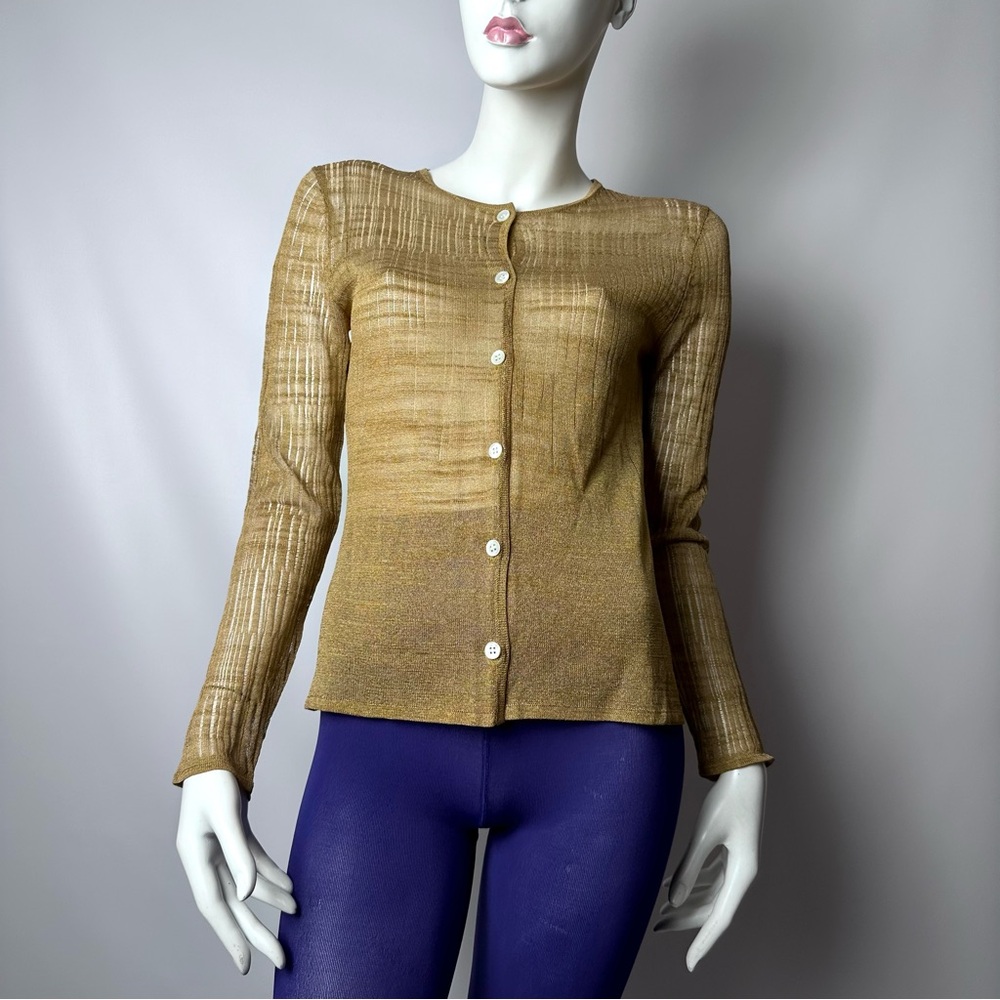 Emanuel Ungaro Gold Metallic Rayon Knit Button Front Cardigan Sweater